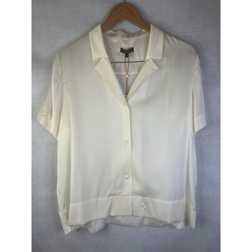 Quince Washable Stretch Silk Short Sleeve Notch Collar Blouse Ivory Sz L NWT